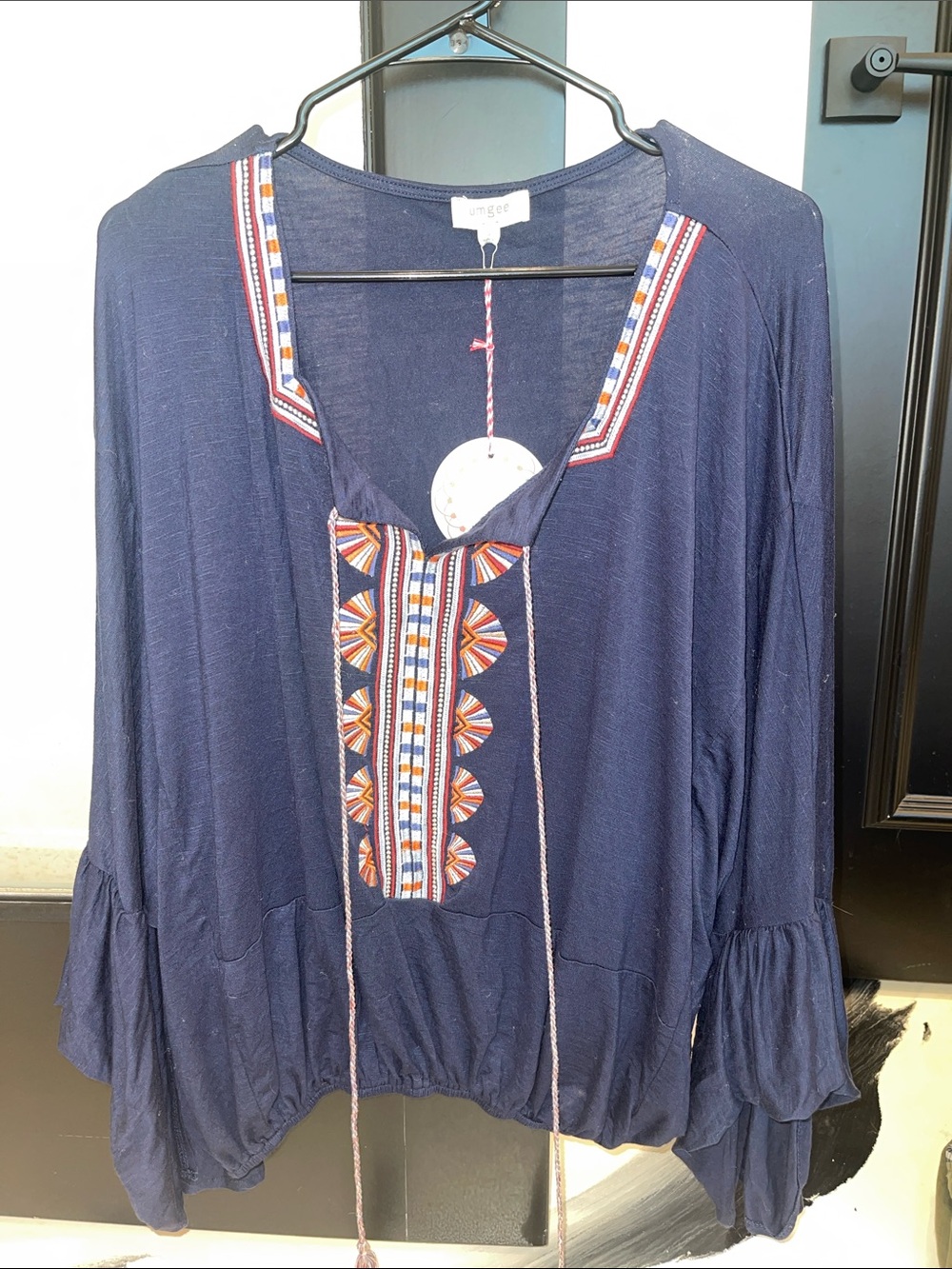 Umgee Navy Embroidered Tunic with Multicolor Trim